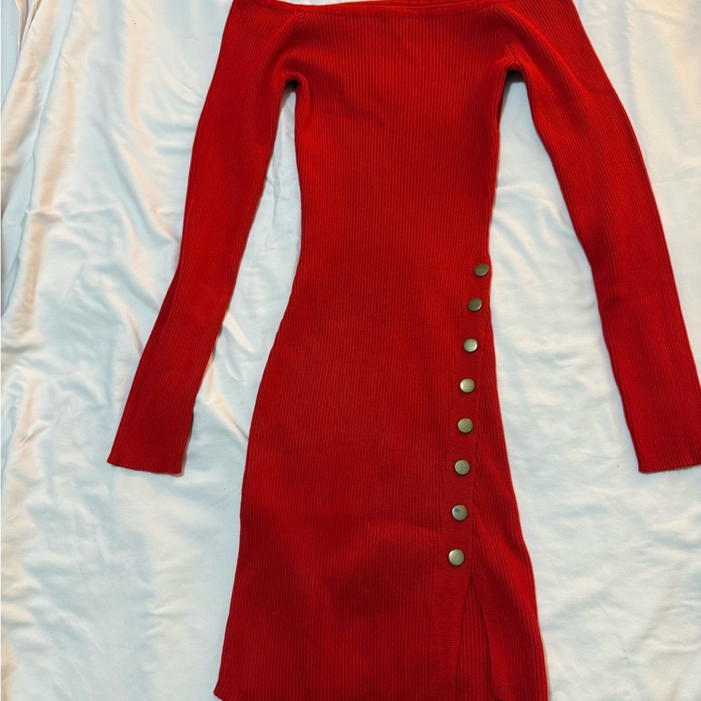 Always Red Long Sleeve Dress with Button Accents